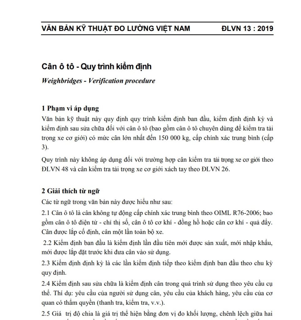 văn bản quy trình kiểm định cân