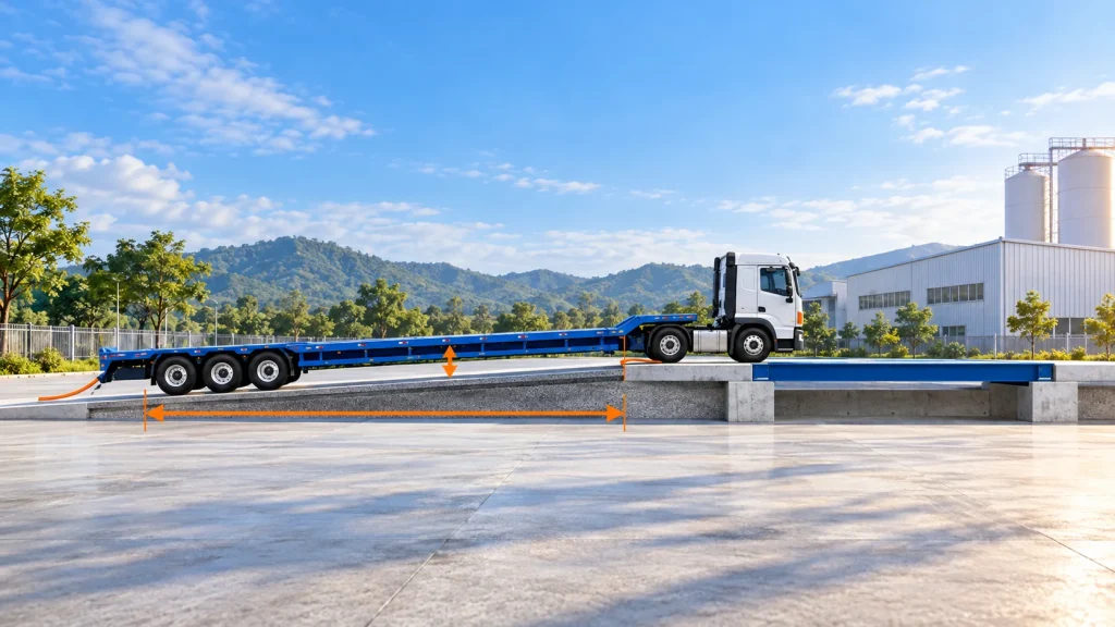 Minh họa vị trí xe sơ mi rơ moóc cần kiểm tra khoảng sáng gầm và độ gãy tại đường dốc lên cân.